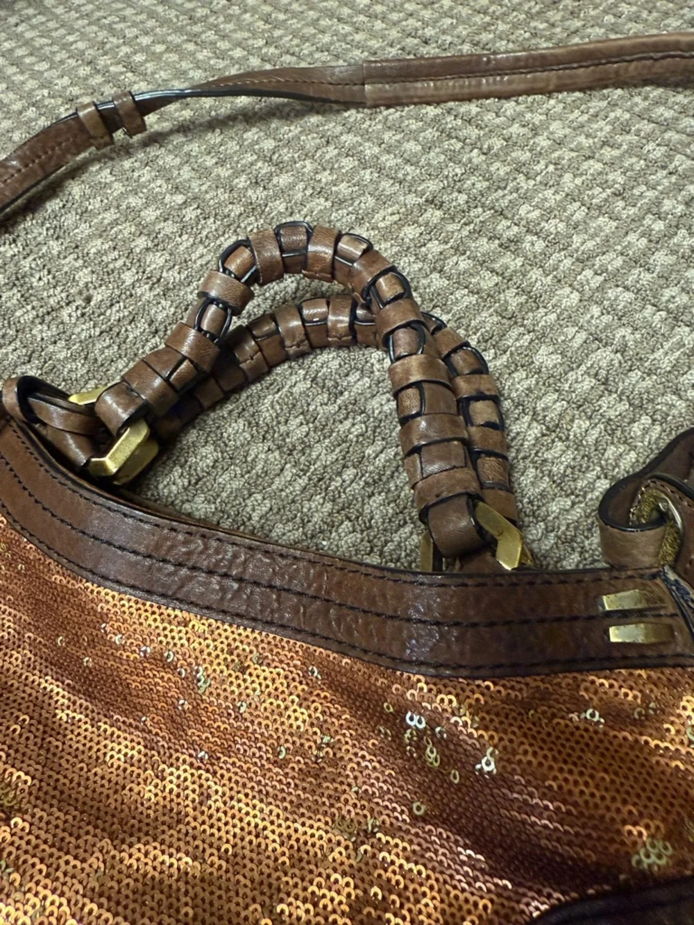 orYANY Copper Sequin Hobo with Brown Leather Trim